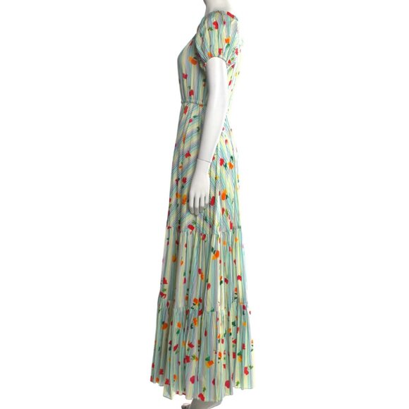 Caroline Constas Bardot Tiered Maxi Long Dress XS Green Stripe Floral Puff - Picture 2 of 5
